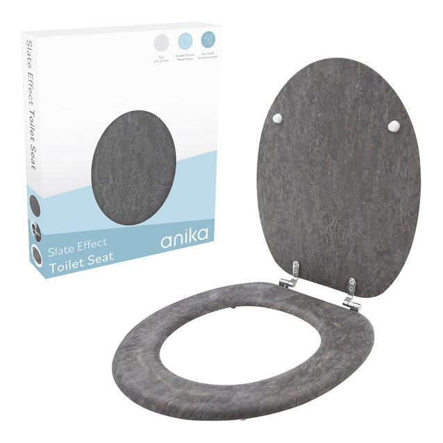 (Grey Slate Effect) Anika Toilet Seat / Chrome Hinges / Easy Installation / 43cm x 37.5cm