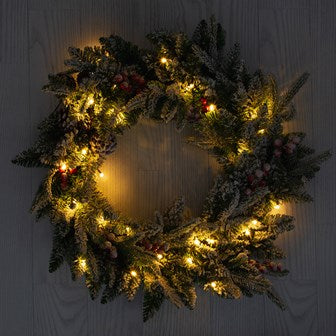 The Christmas Workshop Premium 60cm Pre-Lit Christmas Wreath / Indoor or Outdoor Use / 35 Warm White LED Lights