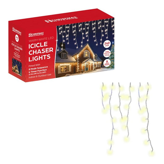 The Christmas Workshop Warm White Icicle LED Christmas Lights/Mains Powered with 8 Functions/Indoor or Outdoor Fairy Lights for Home, Weddings and Gardens (240)