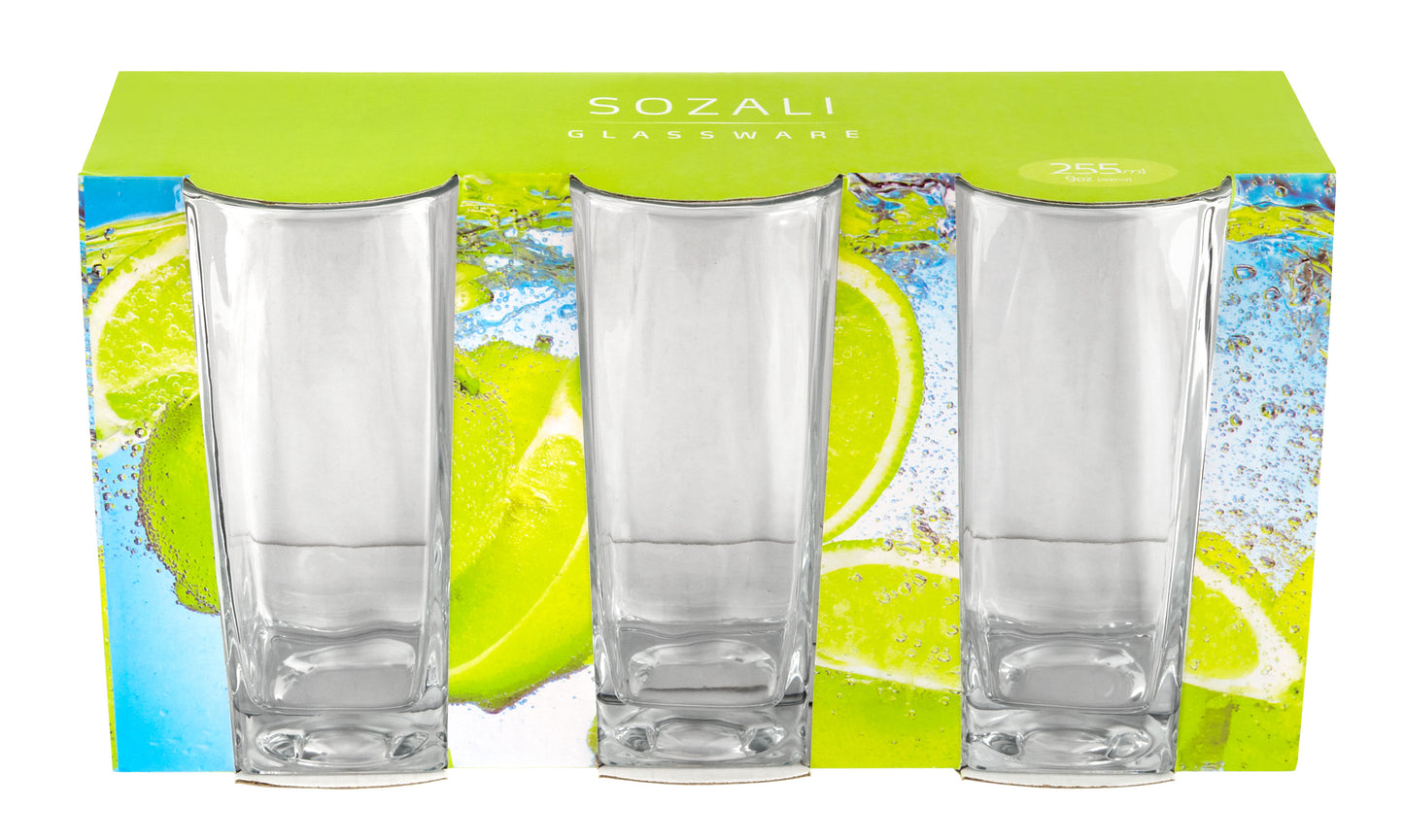 Sozali 3PK Tall Glass Tumblers – Square 9oz