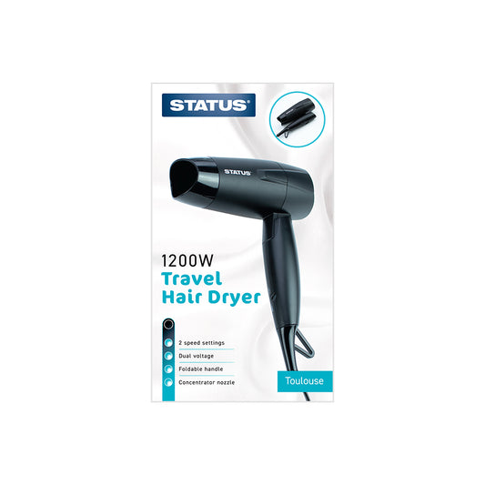 Toulouse - Black - 1200w - Hairdryer - Travel - 2 Speed - DC Motor - Status - 1 pk - in Glossy Retail Box