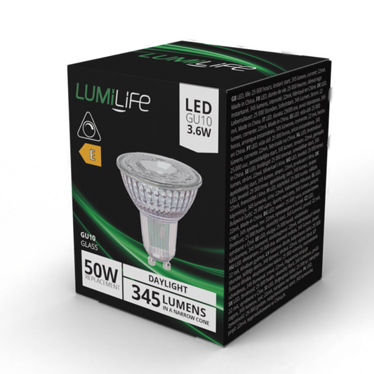 S16384 Lumilife 3.6W Verre GU10 LED 345 Lumen 5 000K (Lumière du jour) Intensité variable Boîte de 1