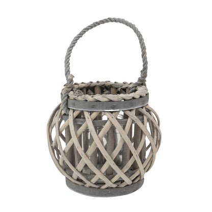 Jvl Natural Round Willow Wood Lantern With Braided Rope Handle - Grey Wash