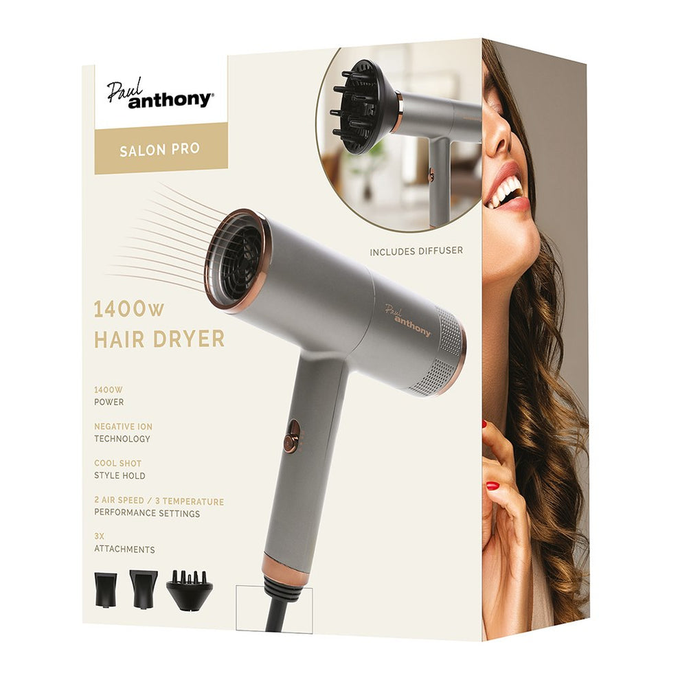Paul Anthony ''Salon Pro'' 1400W Ionic Hairdryer with Diffuser - Grey