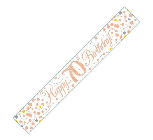 9FT WHITE & ROSE GOLD HAPPY 70TH BIRTHDAY BANNER