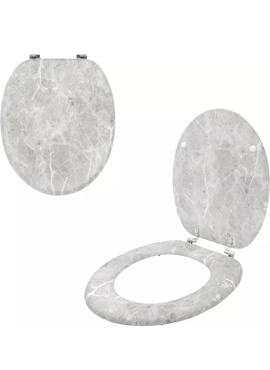 Grey Marble Effect) Anika Toilet Seat / Chrome Hinges / Easy Installation / 43cm x 37.5cm