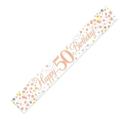 9FT WHITE & ROSE GOLD 50TH BIRTHDAY HOLOGRAPHIC BANNER