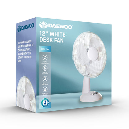 Daewoo 12 Inch Oscillating Desk Fan 3 Speed Settings 40W – White
