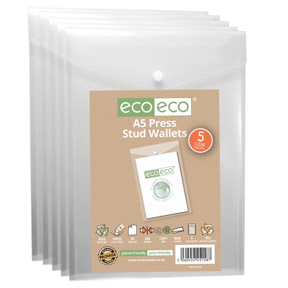 Eco Pack 5 A5 95% Recycled Portrait Press Stud Wallets