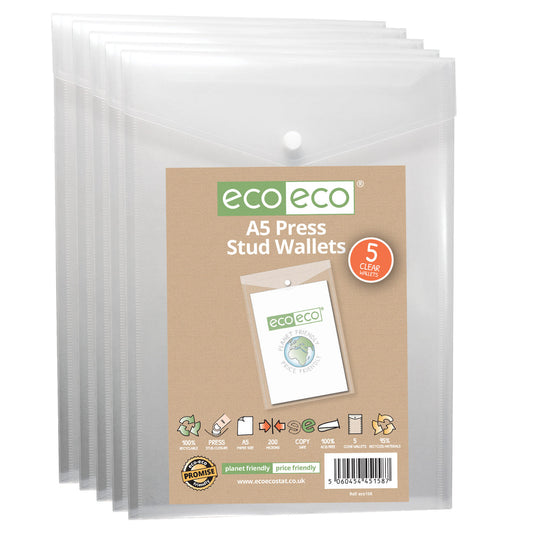 Eco Pack 5 A5 95% Recycled Portrait Press Stud Wallets
