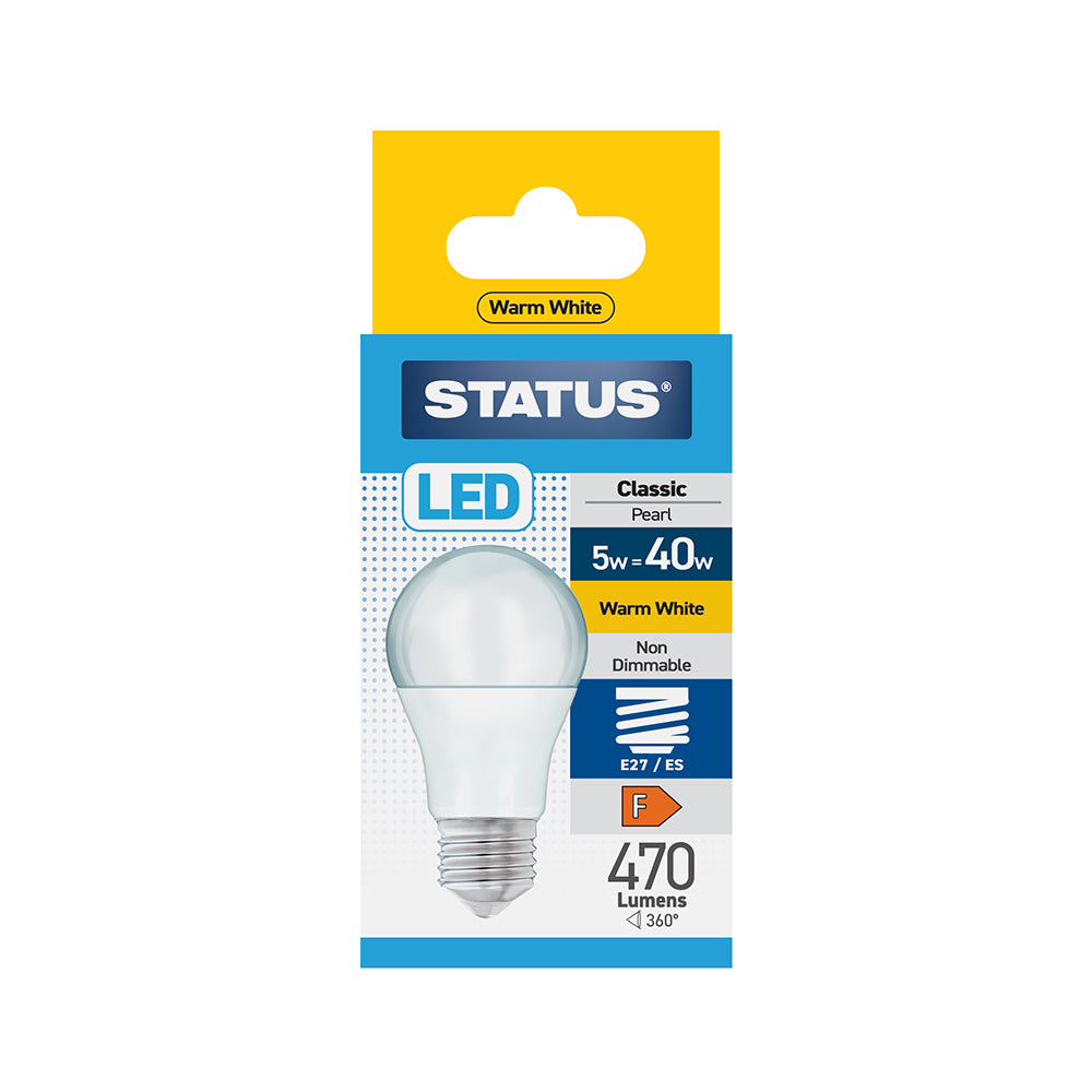 5w = 40w = 470 lumens - Status - LED - A60 GLS - E27 - PA - Pearl - Warm White - 1 pk box - in White