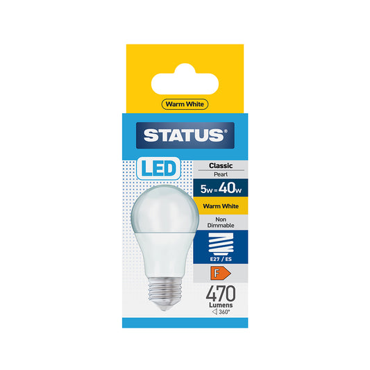 5W = 40W = 470 lumens - Statut - LED - A60 GLS - E27 - PA - Perle - Blanc Chaud - Boîte de 1 - en Blanc