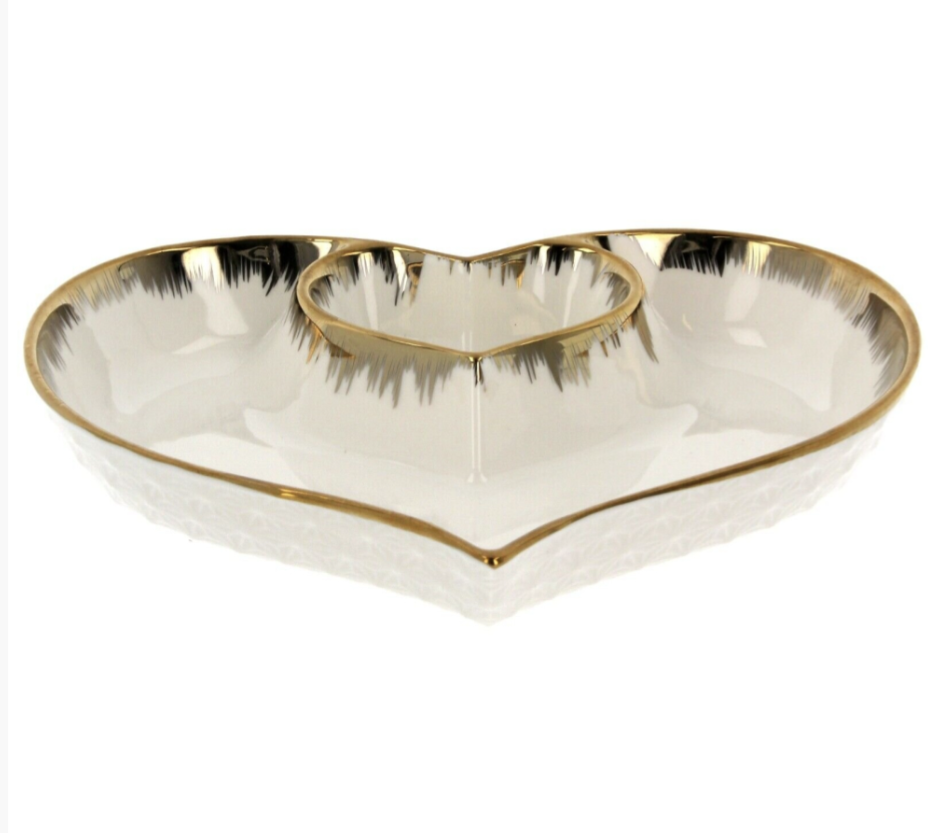 Plat de service en céramique 2 sections pour collations, plateau, trempette, apéritif, cœur, 23 cm