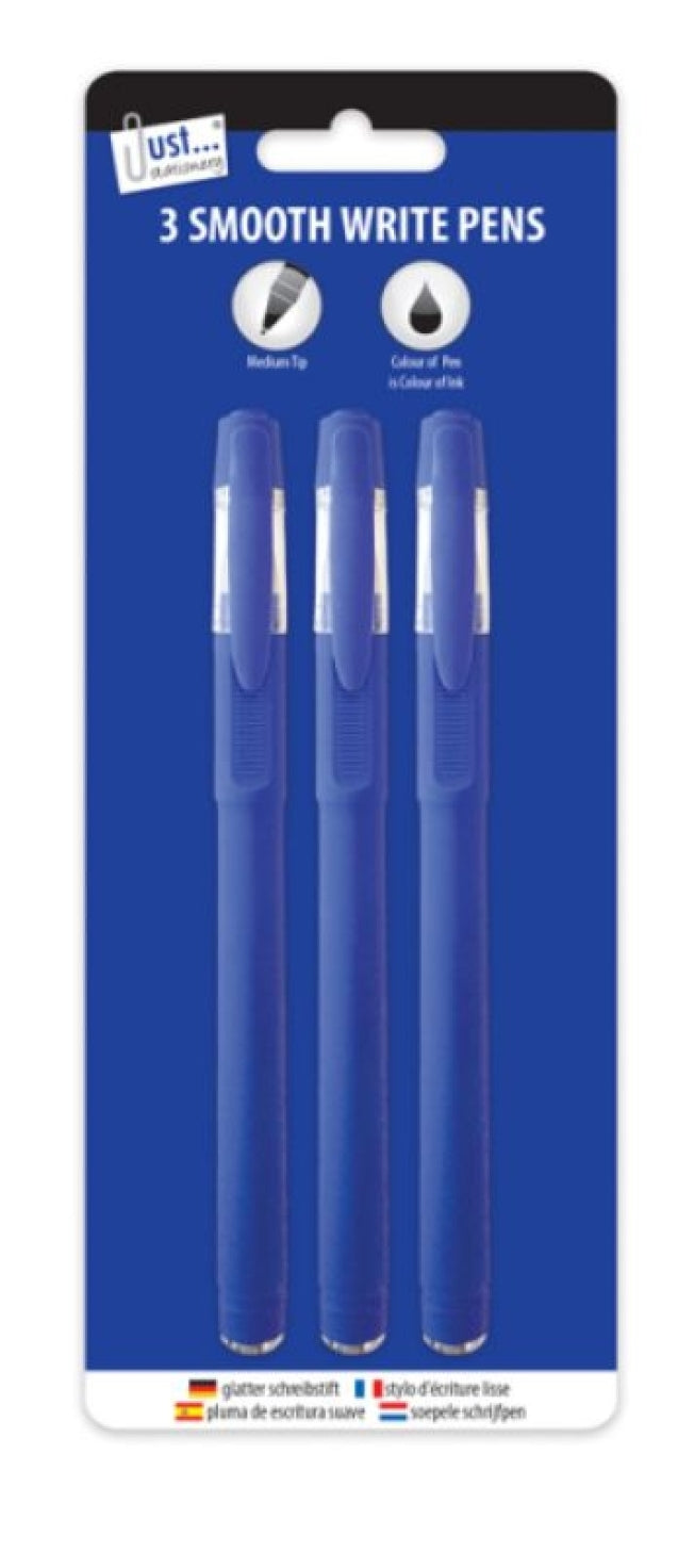 Stylos Just Stationery Smooth Write. Encre à faible viscosité pour une application fluide sur le papier. Disponible en Bleu, Noir et Bleu/Noir/Rouge.