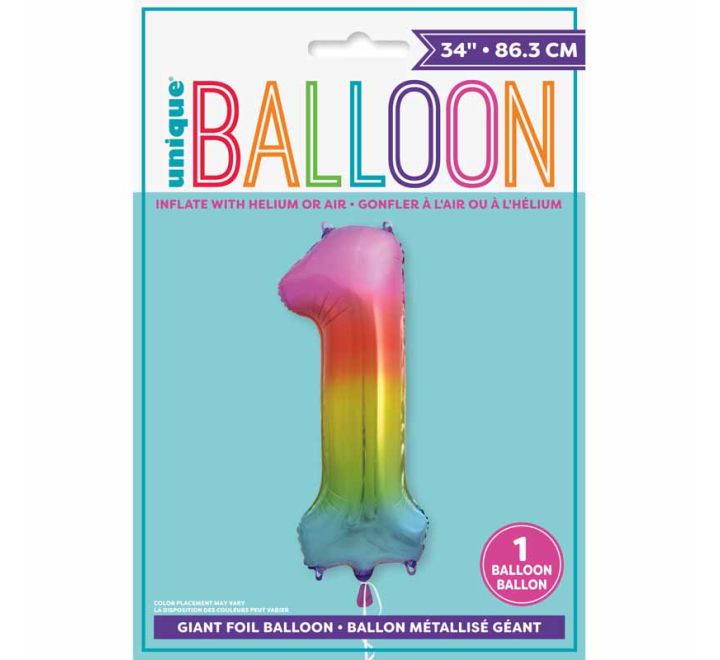 Ballon aluminium en forme de chiffre 1 arc-en-ciel 34