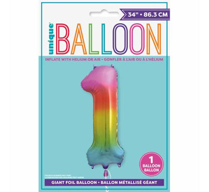 Ballon aluminium en forme de chiffre 1 arc-en-ciel 34