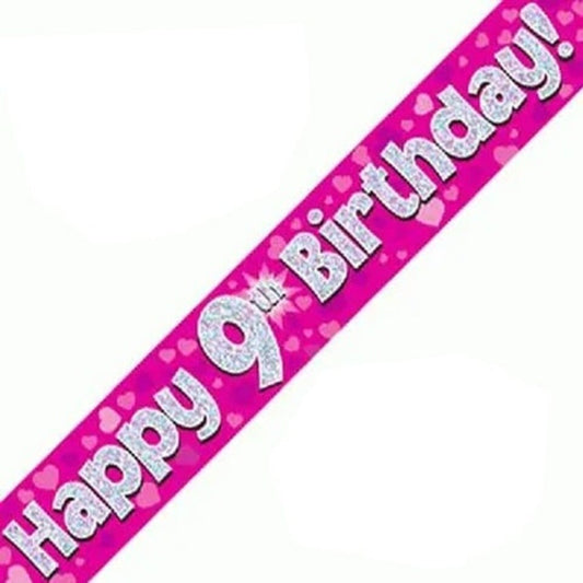 Pink Happy 9th Birthday Holographic Foil Banner 274cm