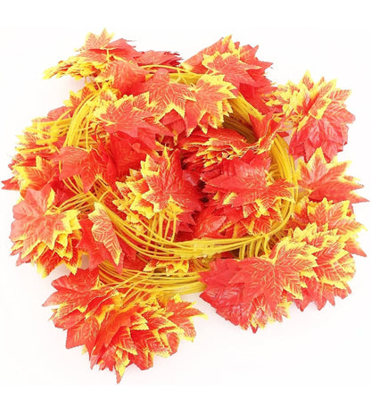 12pcs Autumn Maple Leaf Vines Artificial Silk Garland Hanging Plants, Each 30 Leaf, 7.7 Ft Long, 3.1" Diameter, Orange