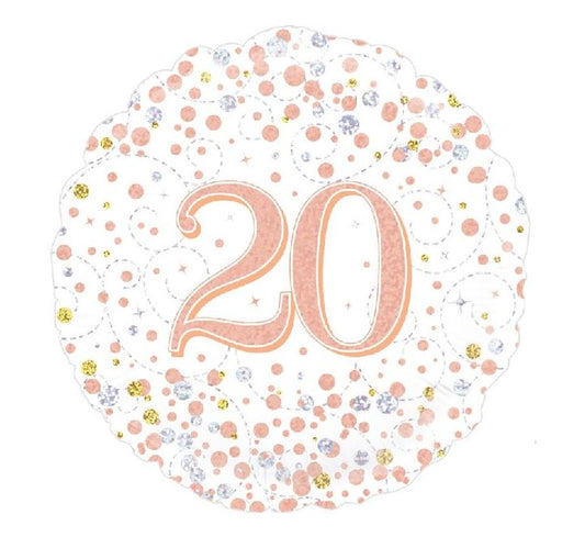 Oaktree 18inch 20th Sparkling Fizz Birthday White & Rose Gold Holographic Balloon