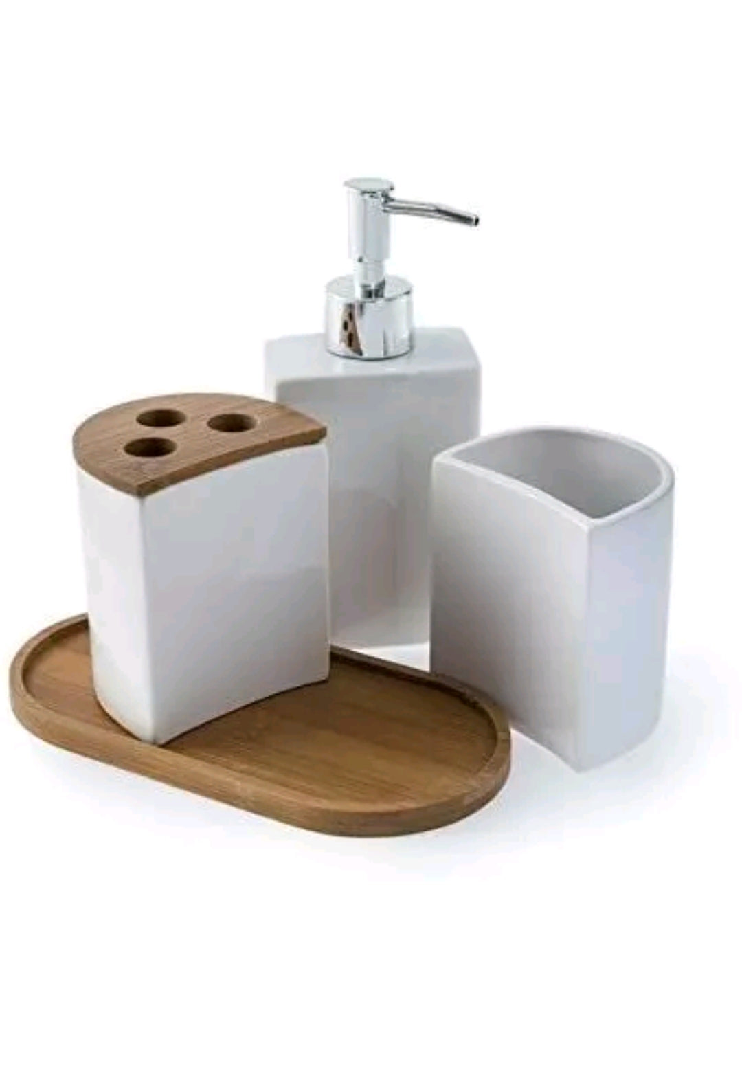 BLUE CANYON 4 PIECE HOME BATHROOM BAMBOO CERAMIC ACCESSORY SET WHITE