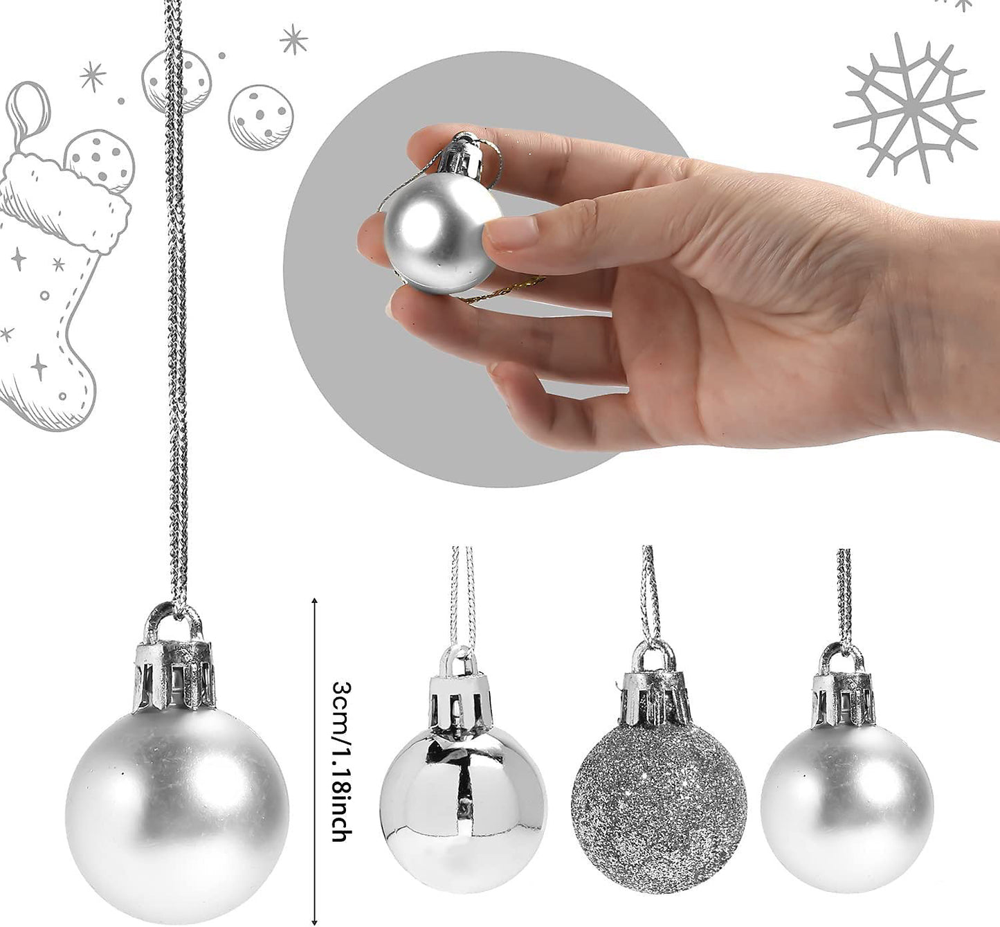 30mm/12Pcs Christmas Baubles Shatterproof Silver,Tree Decorations