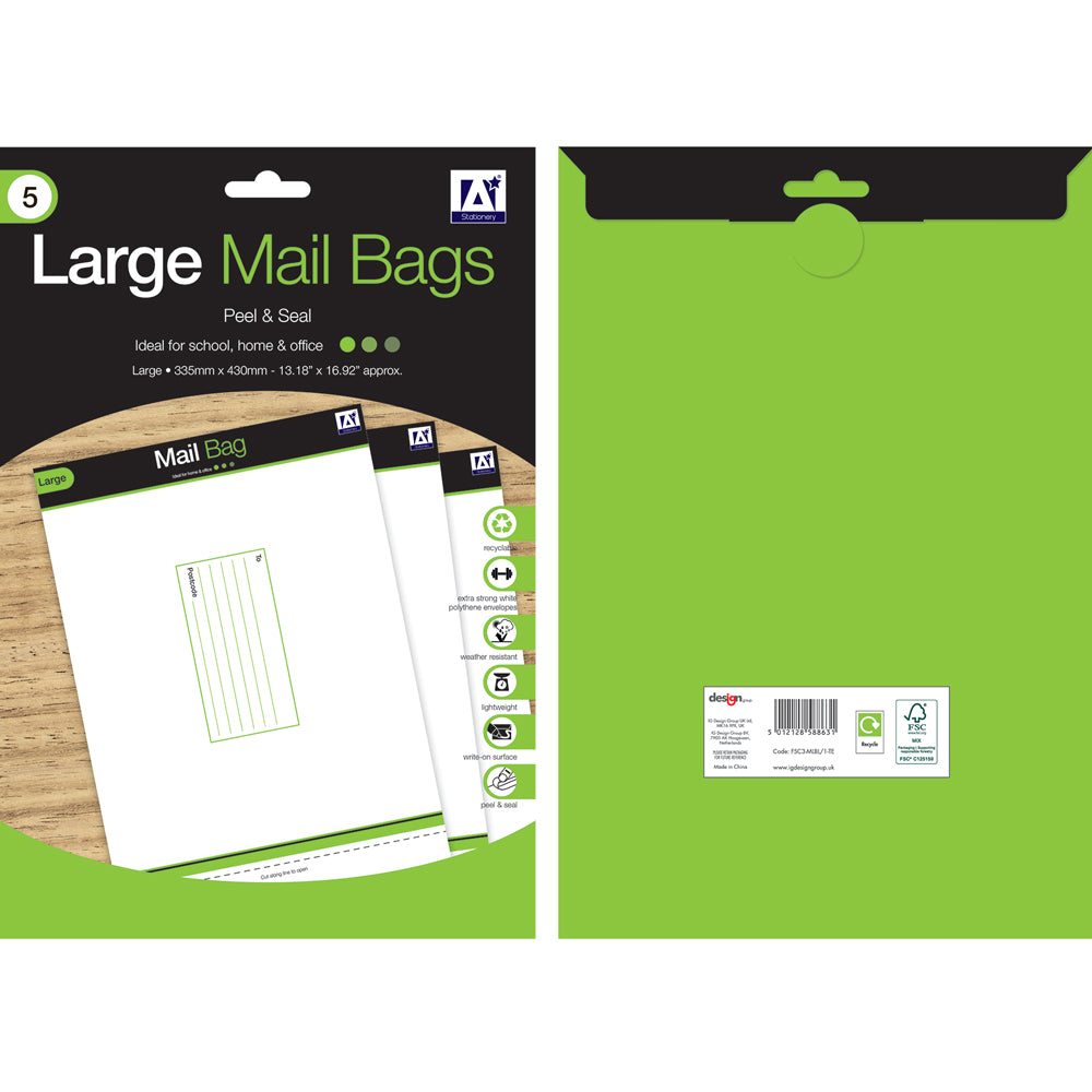 5 Large Mailing Bags Self seal. Approx 220mm Wide x 320mm High