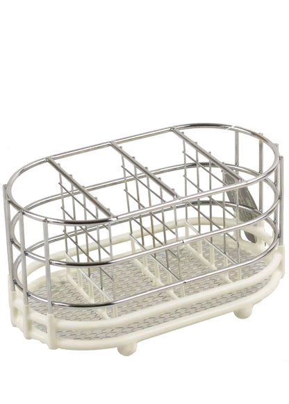 APOLLO Utensil Holder Chrome Cutlery Storage White Plastic Drain Oval Compartment Rack