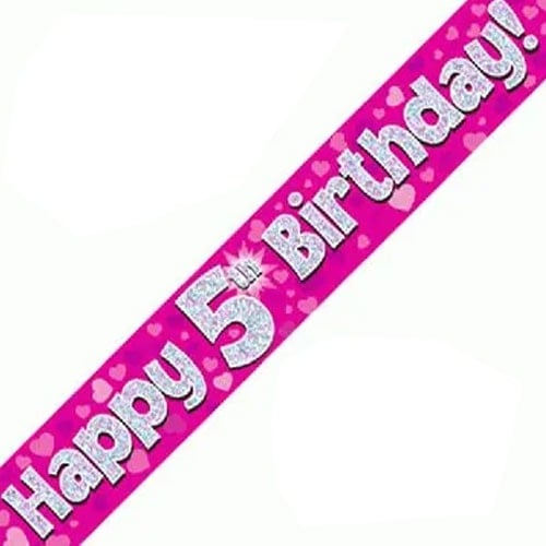 Pink Happy 5th Birthday Holographic Foil Banner 9 Feet