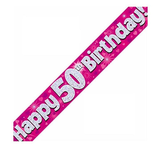 9FT 50TH BIRTHDAY PINK HOLOGRAPHIC BANNER