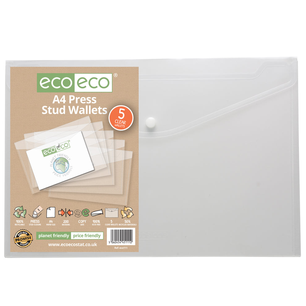 Eco Pack 5 Portefeuilles à Bouton-Pression A4 50% Recyclés