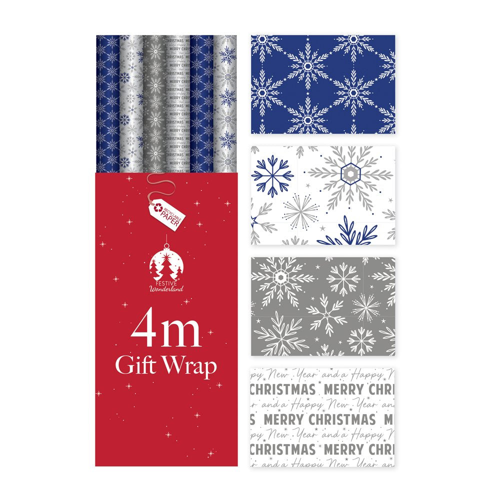 Christmas Wrap  4m Blue Snowflakes Assorted Print