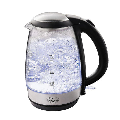 Bouilloire électrique en verre Quest - 1,7 L avec lumière LED - Protection contre l'ébullition à sec - Noir et acier inoxydable - 3000 W - Sans BPA - Ébullition rapide