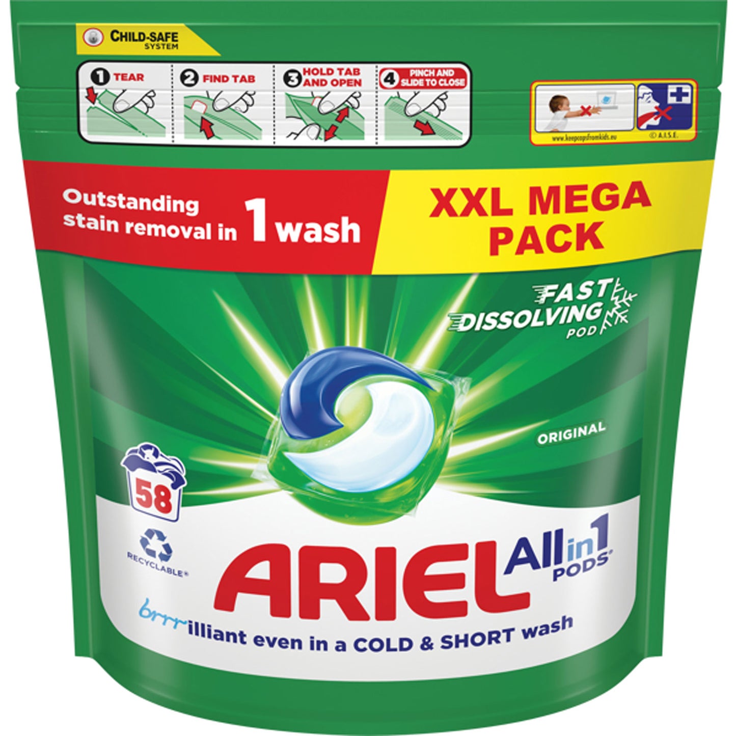 Ariel Pods Lessive 58 capsules Original Tout en Un