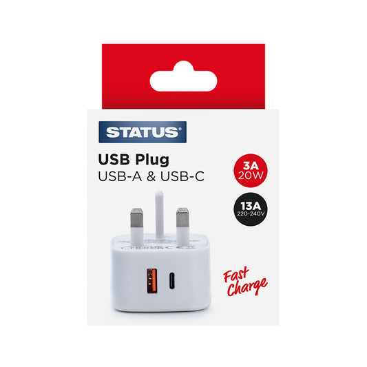 1 x Adaptateur secteur à port de charge rapide double USB A et C – Fiche blanche – 20 W – État – 1 pièce – dans une boîte couleur)
