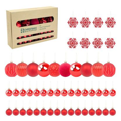 The Christmas Workshop Red Shatterproof Christmas Baubles – Set of 50, Mixed Sizes
