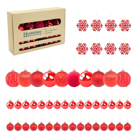 The Christmas Workshop Red Shatterproof Christmas Baubles – Set of 50, Mixed Sizes