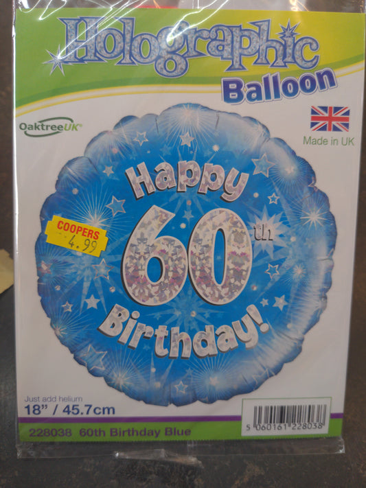 Joyeux 60e anniversaire Ballon Hélium Holographique 45 cm Bleu