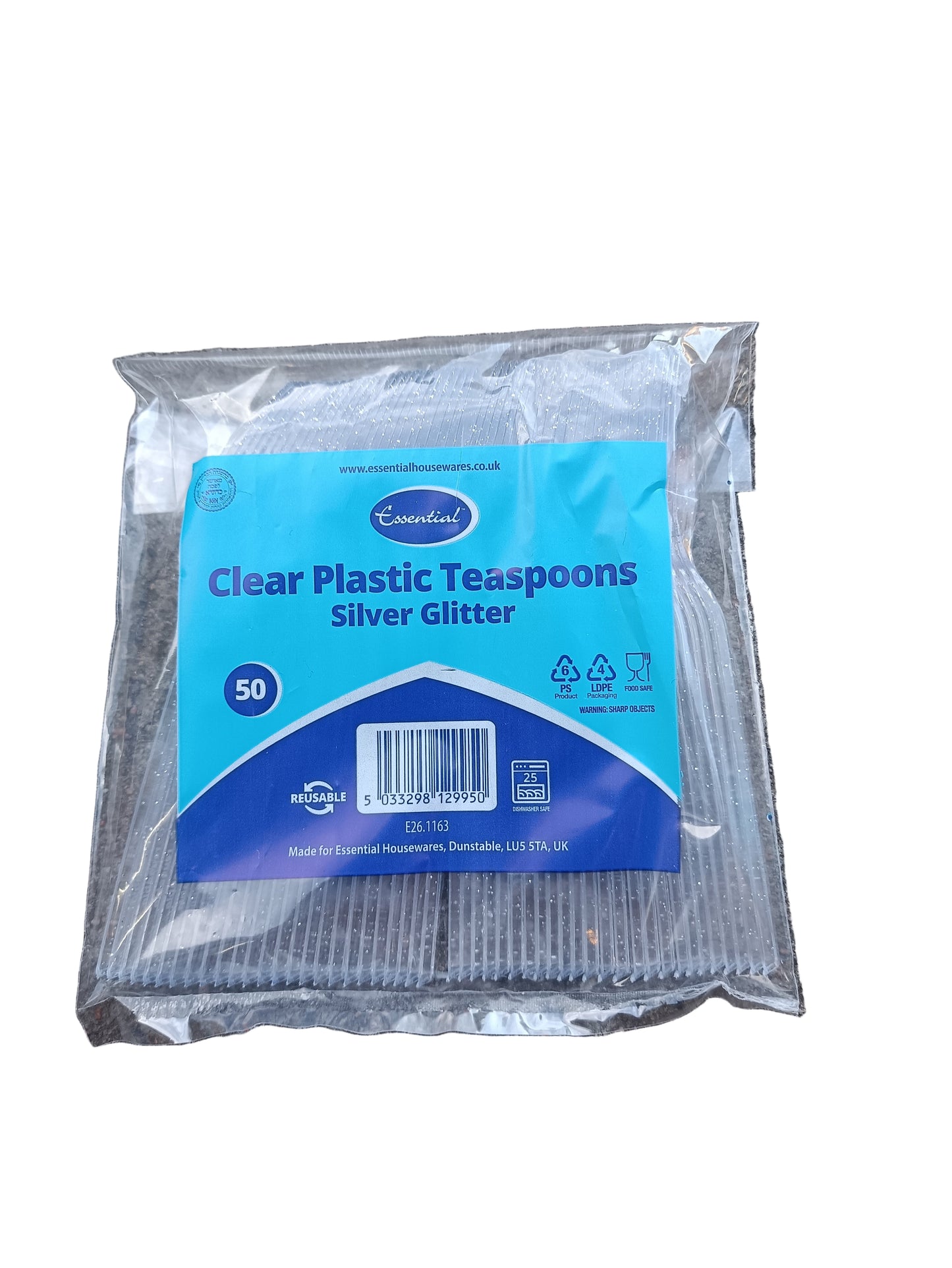 Essential  Clear Plastic 50 Teaspoons Silver Glitter