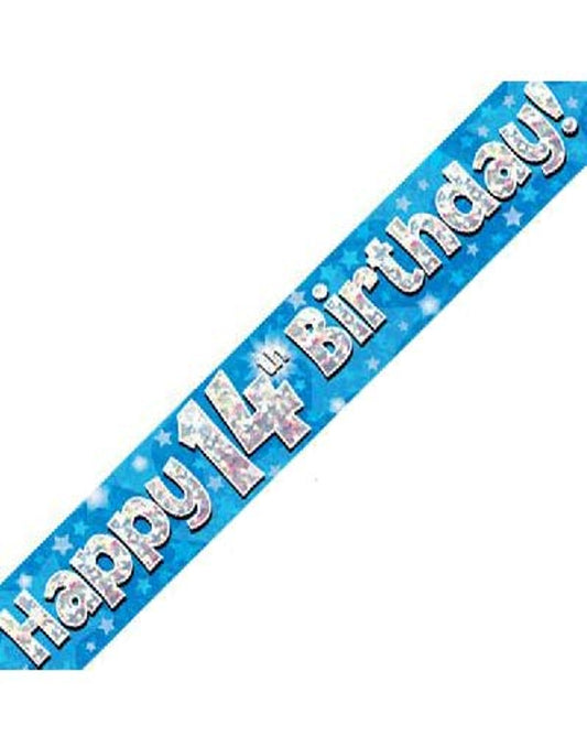 Happy 14th Birthday Blue Holographic Banner 9 Feet long