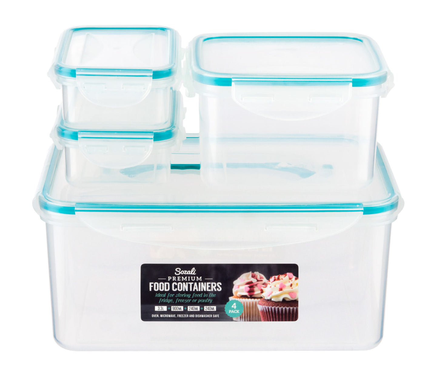 Sozali 4pk 0.24×2, 0.9,3.3ltr Prem Click Lock Containers