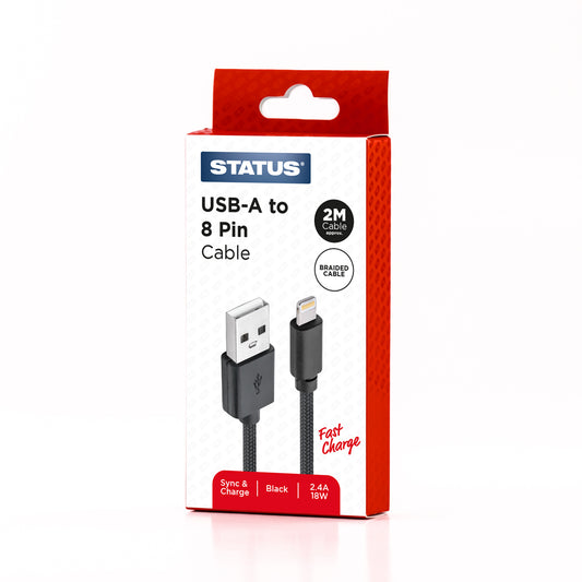 USB A to 8 Pin Sync and Charge Cable - Fast Charge - 2.4 Amp - 18w - 2 Mtr - Black Braided - Status - 1 pk Box