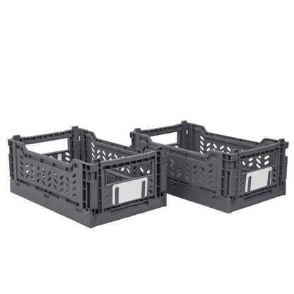 JVL Stackit Set of 2 Plastic Foldable Storage Crates – Small 4L Capacity – Collapsible Stackable Storage Box, Grey