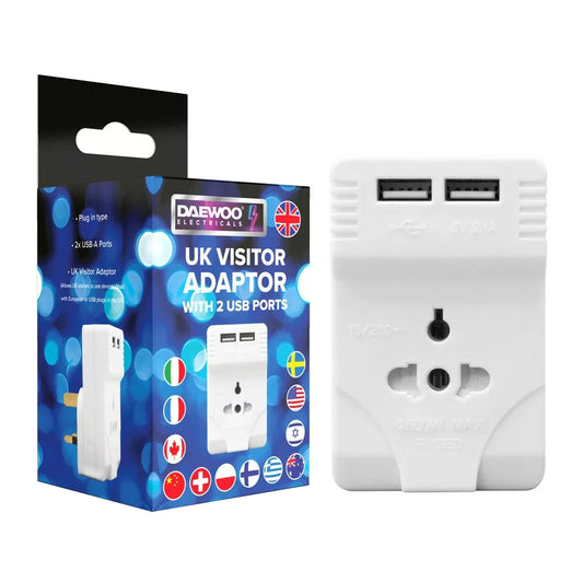 Adaptateur de voyage DAEWOO 3 broches UK avec 2 ports USB 5V-2.1A