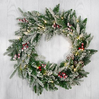 The Christmas Workshop Premium 60cm Pre-Lit Christmas Wreath / Indoor or Outdoor Use / 35 Warm White LED Lights