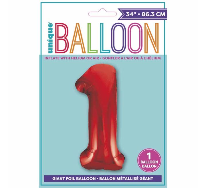 BALLON GÉANT ROUGE EN FORME DE CHIFFRE 1 DE 86 CM