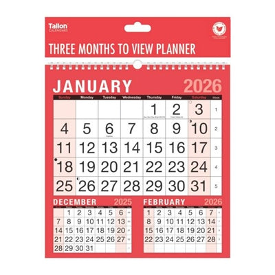 2026 Hanging Calendar Three Month to View Spiral Bound Wall Planner Red & Black