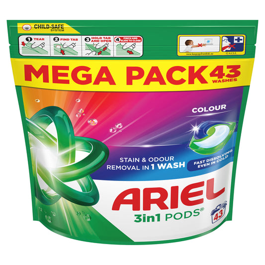 Ariel 3 in 1 Fast Dissolving Stain & Odour Removal Pods for Colours - 43 Washes