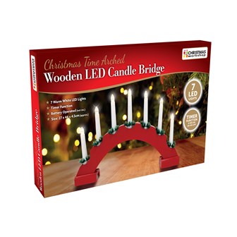 Christmas Workshop Candle Bridge Battery Operated Red Arched Wooden 7 LED Candles Warm White  Battery Operated