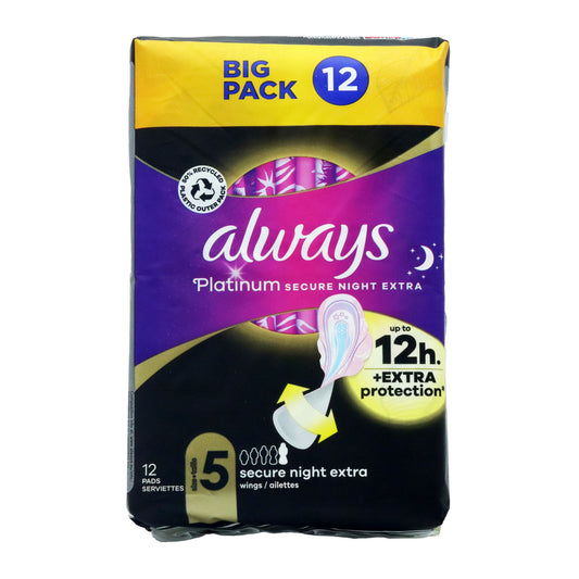 ALWAYS PLATINUM SERVIETTES NUIT SÉCURISÉES AVEC AILETTES x12