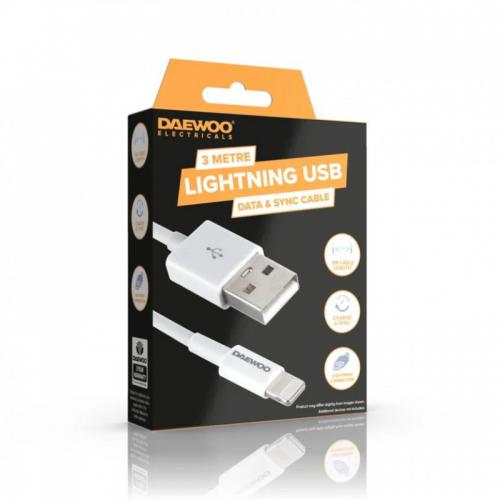 Daewoo Lightening USB To 8 Pin Fast Charge Cable White 3Mtr